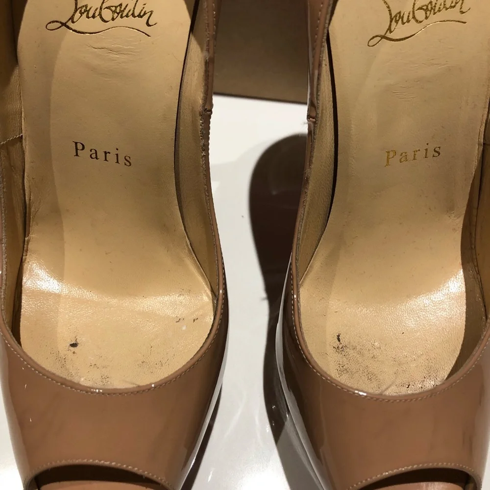 Christian Louboutin Nude Patent Leather Platform Peep-Toe Pumps with Red Sole